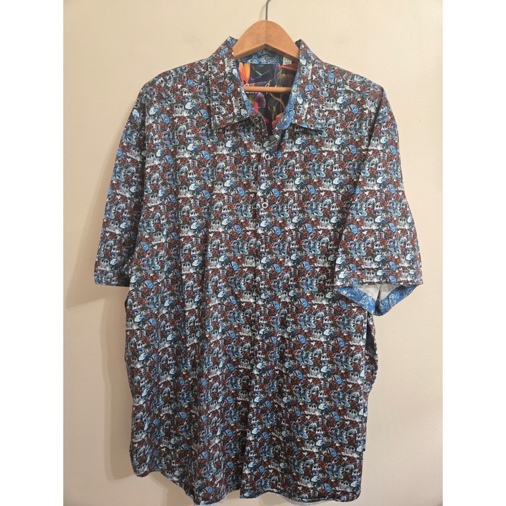 Robert Graham Mens 2XL Skull Rose Print Short Sleeve Button Down Shirt Cotton